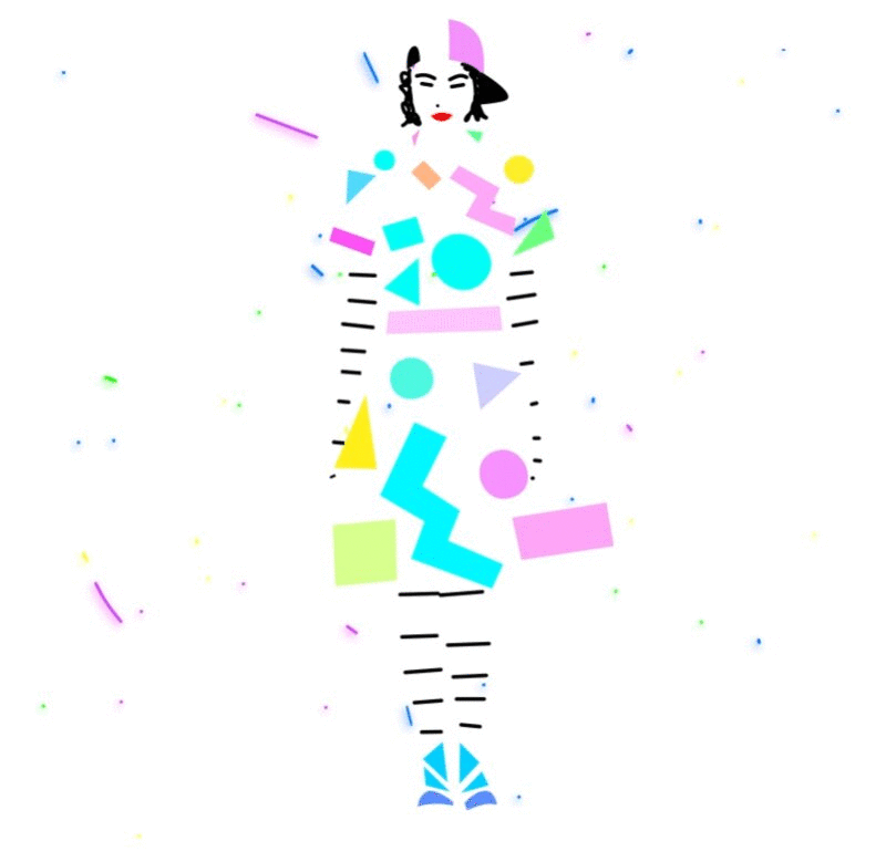 女人与几何形状的服装行走在白色背景动画图片下载