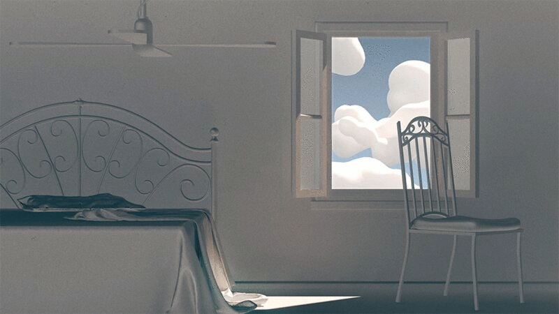 卧室窗户上漂浮的云朵动画图片下载