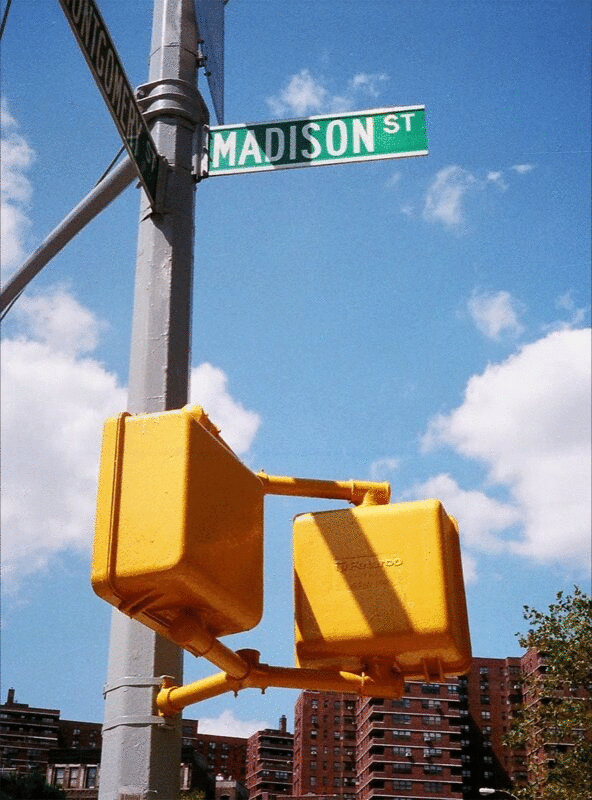 麦迪逊街标志和交通信号，布鲁克林，纽约，美国图片下载