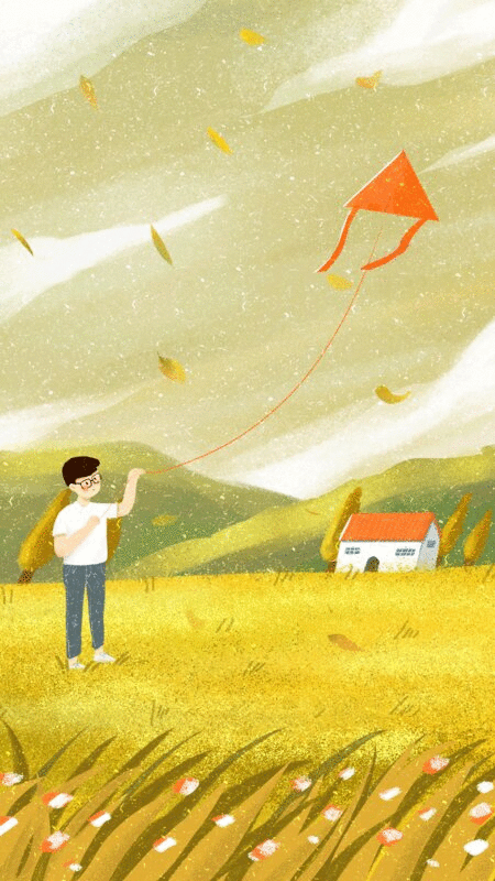 落叶的秋季男孩在空旷的草地上方风筝插画下载