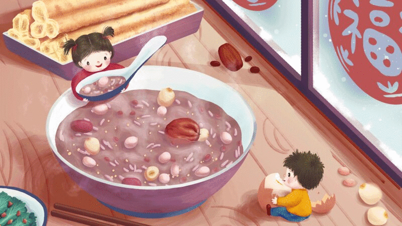 儿童插画动图腊八粥早餐图片下载