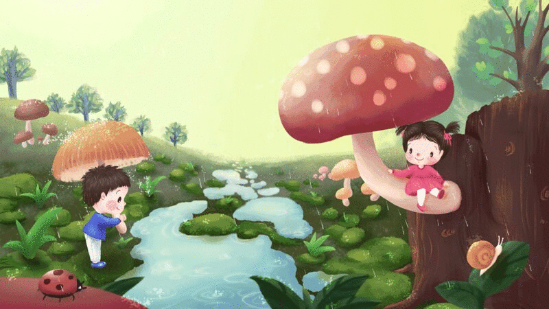儿童插画动图蘑菇小雨淅沥沥插画下载