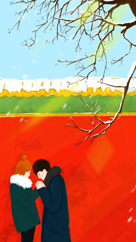 情侣大寒天站在北京故宫红墙下插画下载