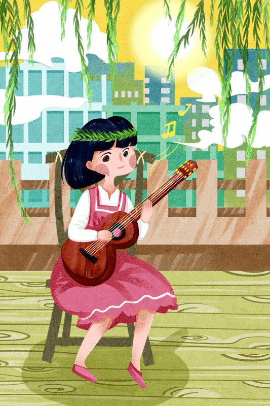 可爱女生节女性户外弹吉他插画图片下载