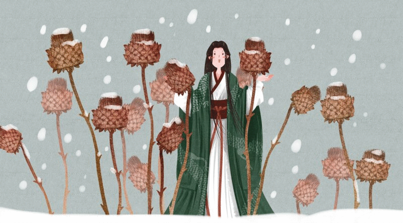 水彩风格古风娃娃与植物二十四节气立冬插画动图图片下载