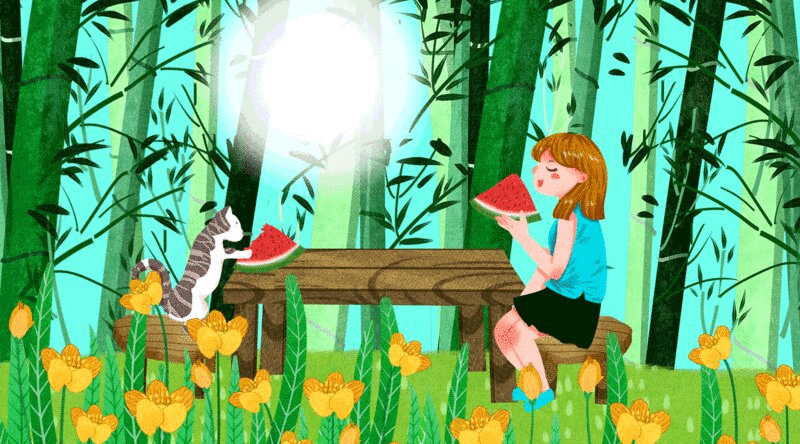 猫与女孩生活二十四节气之小暑插画动图图片下载