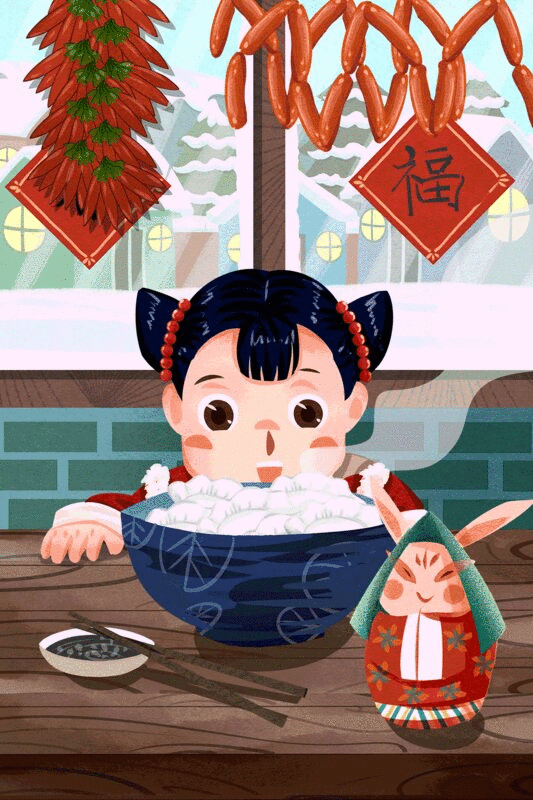 二十四节气冬至习俗孩童吃饺子插画图片下载