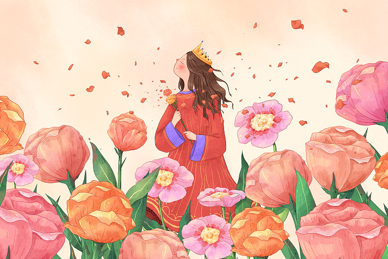 清新花朵与女孩插画横版下载