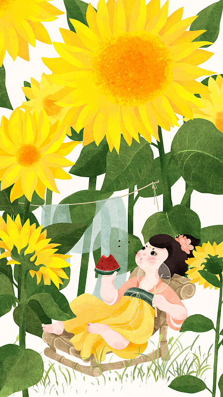 节气大暑向日葵与躺竹椅上吃西瓜的唐朝美人图片下载