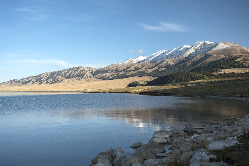 新疆赛里木湖的风光秀丽，雪山草原湖泊，蓝天白云图片下载