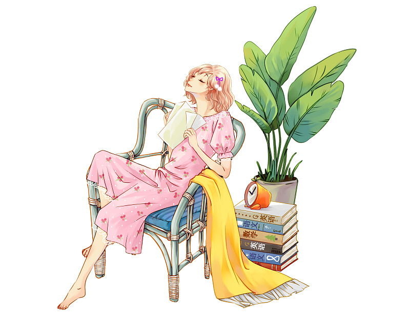 坐在藤椅上看书的粉衣少女2图片下载