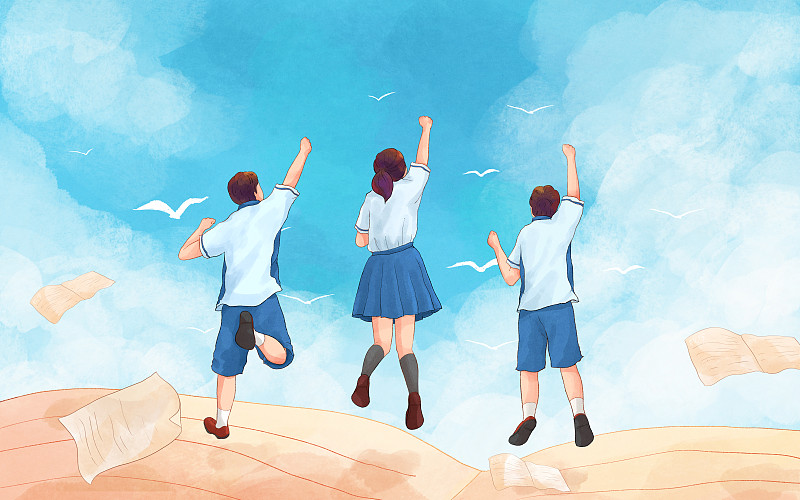 跳跃欢呼的学生高考插画蓝天横版下载