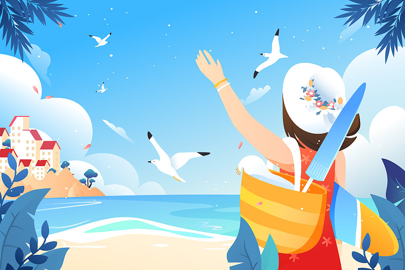 女孩海边旅游夏季夏天暑假出游矢量背景插画下载