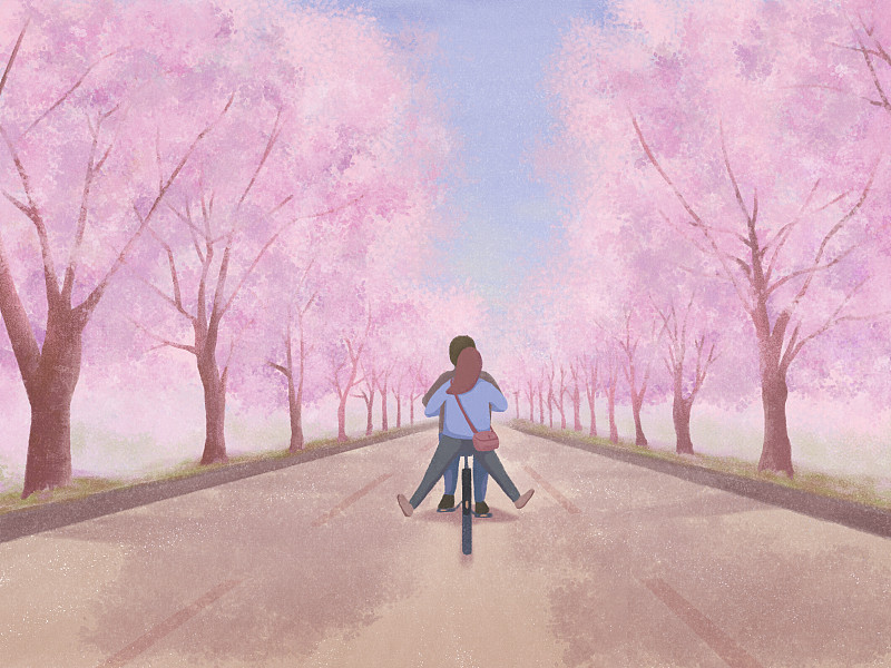情侣骑行在樱花盛开的道路上插画图片