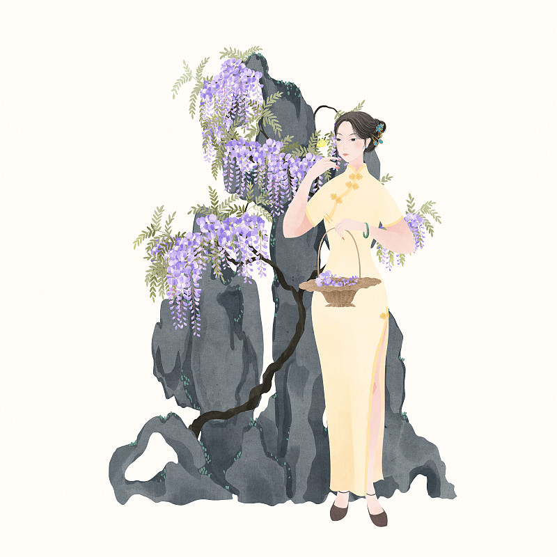 站在紫藤花假山前看蝴蝶的民国旗袍美人图片下载