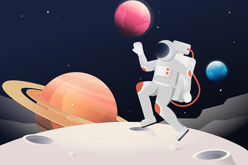 卡通星空月球表面太空宇航员宇宙遨游月球日渐变矢量插画下载