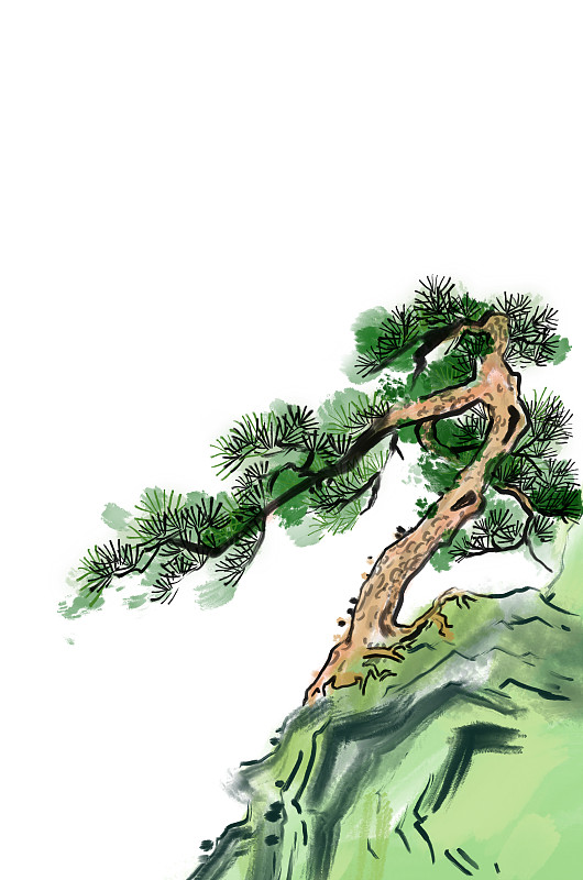 水墨松树背景分离中国风插画图片