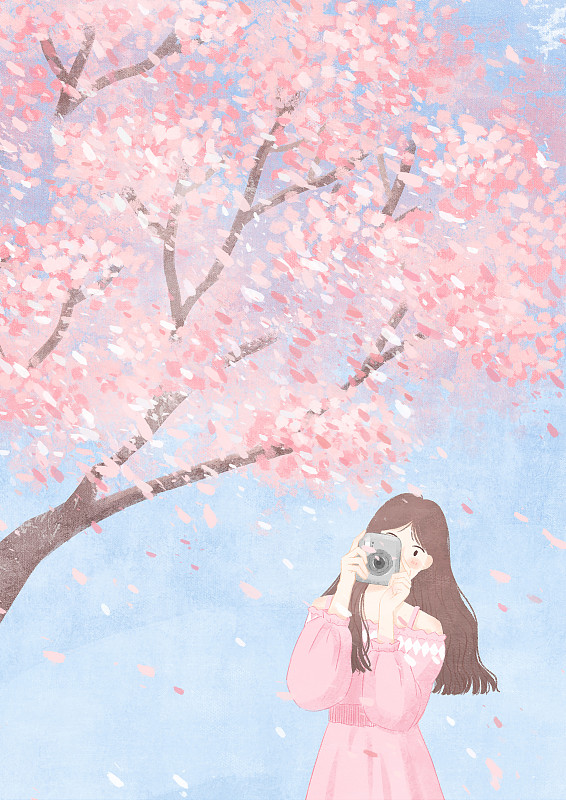 春天樱花树下女孩拍照蓝图片素材