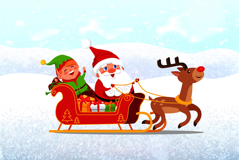 圣诞老人和精灵坐在雪橇上,由鹿拉着,矢量卡通人物孤立在白色上