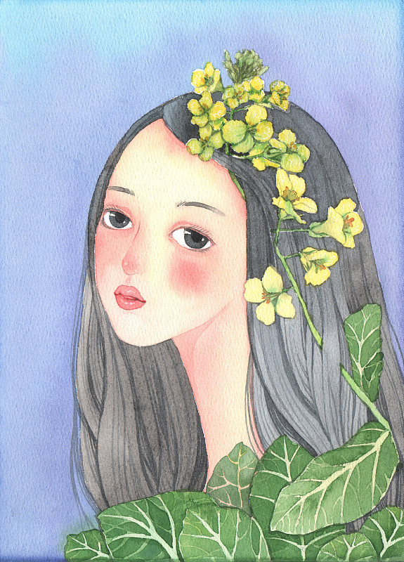 水彩插画带着油菜花花环的漂亮女人图片