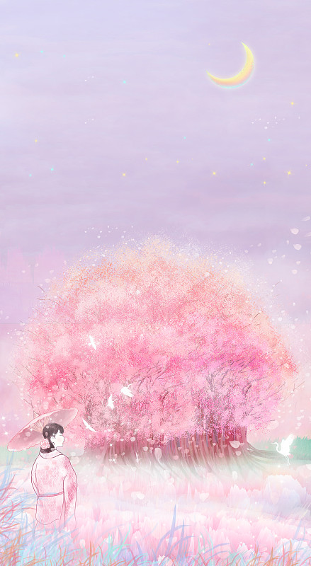 汉服少女撑伞在樱花树下看风景插画下载