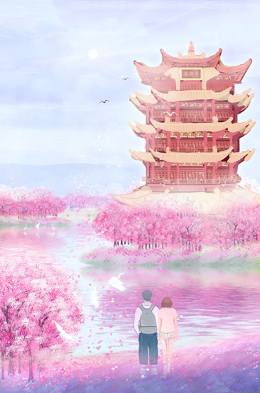 情侣在武汉市的黄鹤楼周围旅游，樱花正盛开插画背景图片