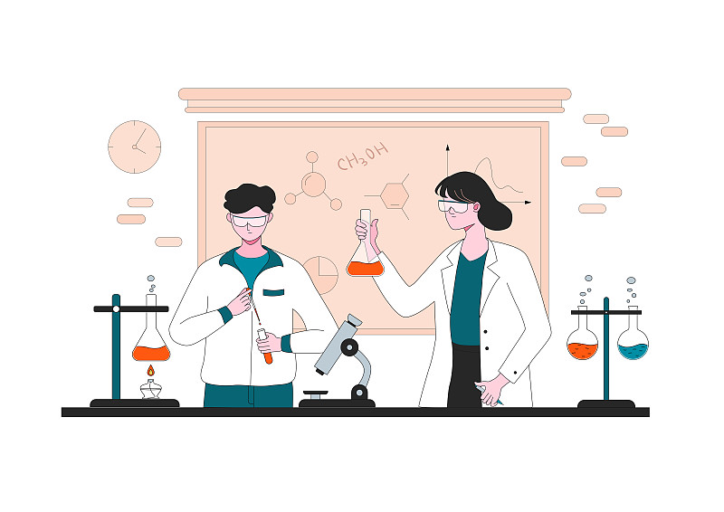 带着防护镜的老师和学生在化学实验室做实验—矢量插画下载