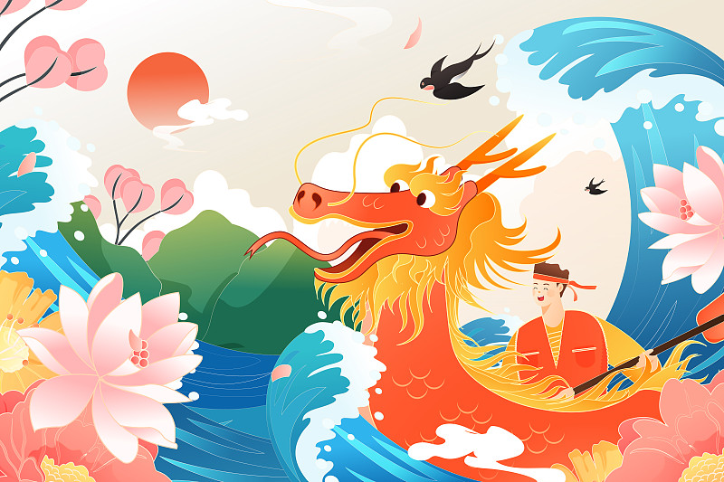卡通端午节赛龙舟传统习俗中国风风景背景矢量插画图片