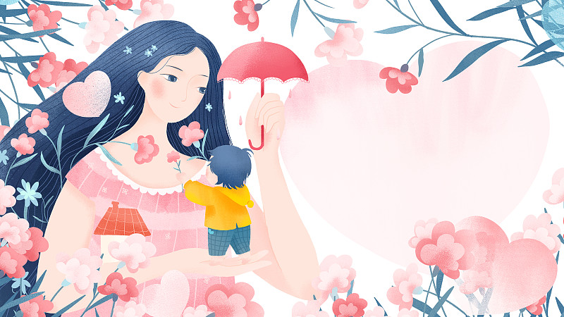 母亲节康乃馨花丛中为孩子撑伞的母亲插画下载