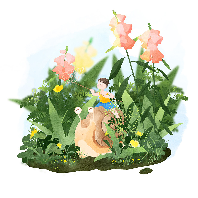 儿童节草丛中骑在蜗牛上捕蝴蝶的男孩插画下载