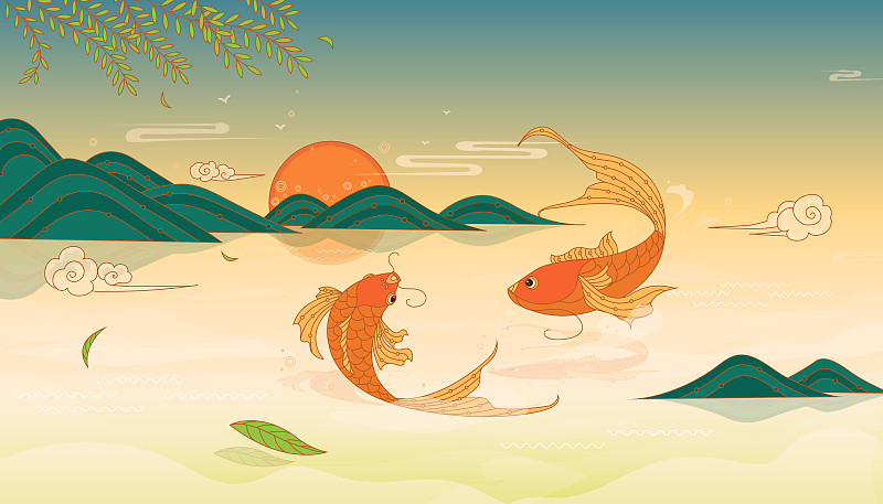 锦鲤在湖泊中跳跃中国风插画-矢量图片