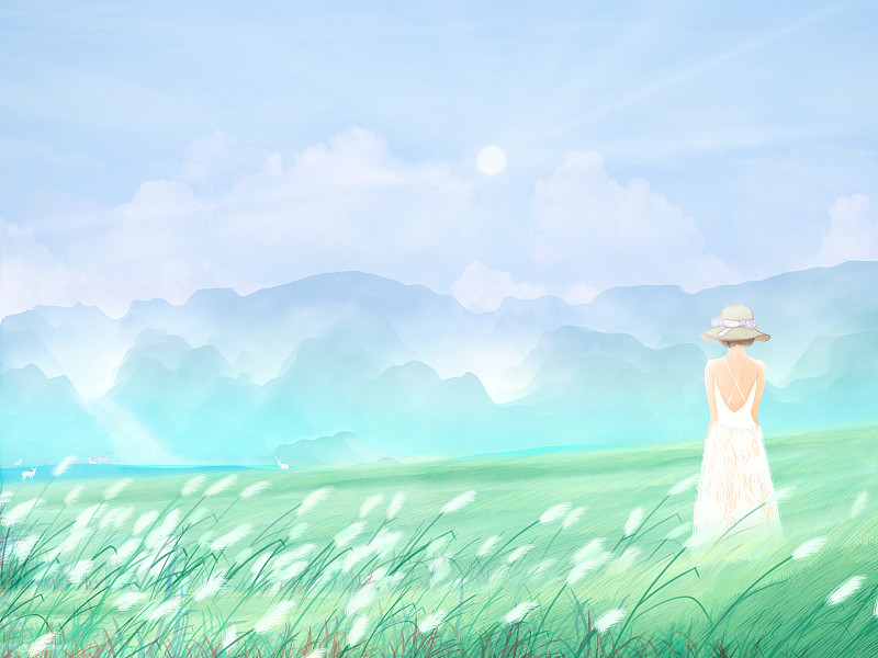 带草帽的长裙少女在户外草坪山坡上看风景图片素材