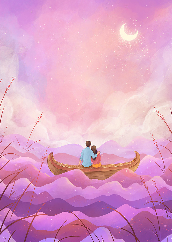 坐在小船上的情侣梦幻情人节插画竖版图片