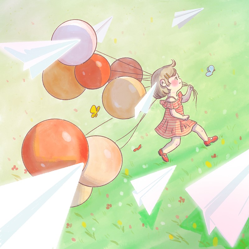 拿着气球奔跑的小女孩插画下载