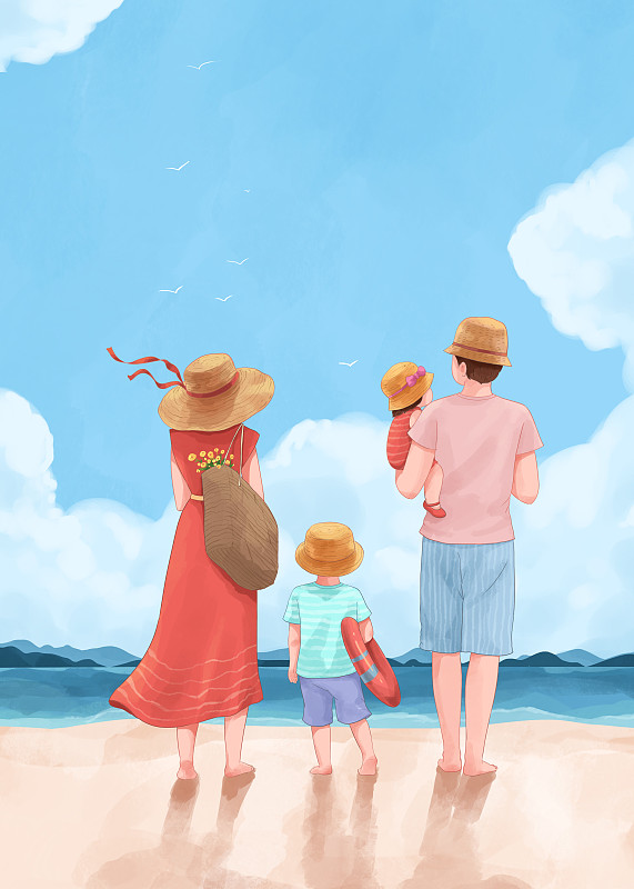 家庭海边度假清新插画竖版2下载
