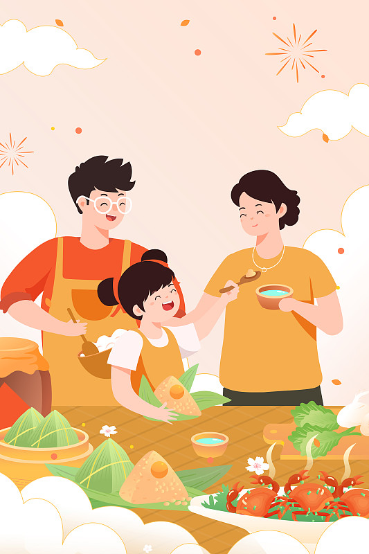 端午节粽子家人包粽子传统习俗中国风渐变背景矢量插画下载
