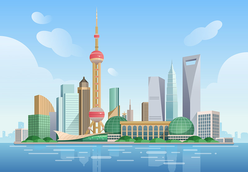 中国上海外滩对岸风景插画下载