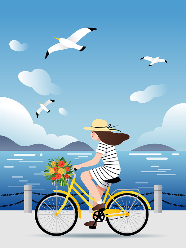 一个女生在海边骑自行车图片素材