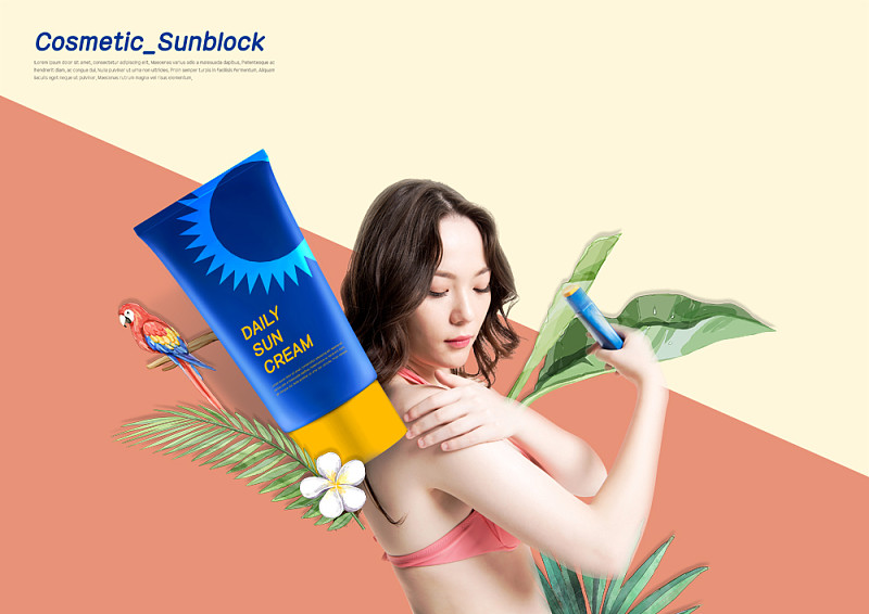数字合成图像的一面的女人在比基尼涂抹防晒霜旁边的防晒霜管图片素材
