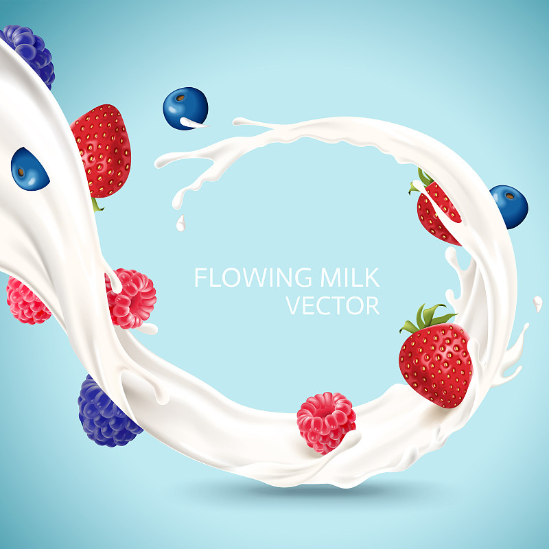 流动牛奶與莓果素材图片下载