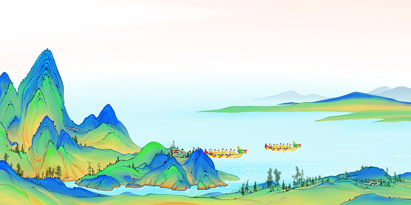 中国传统节日端午节插画青绿山水赛龙舟图片