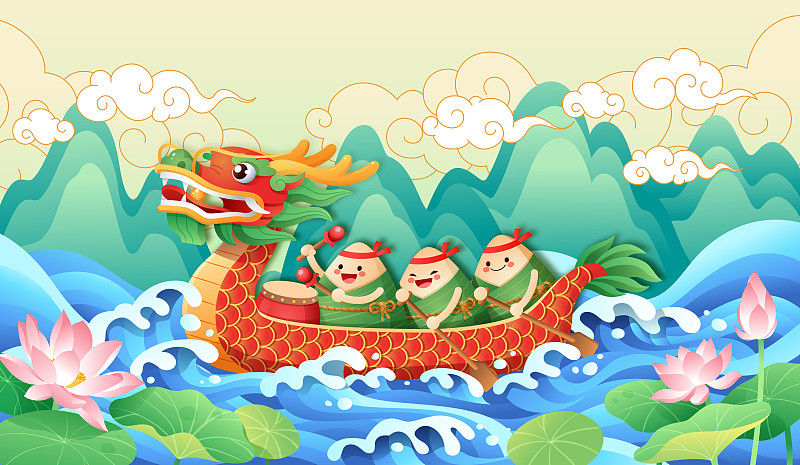 粽子在水上赛龙舟中国风插画下载