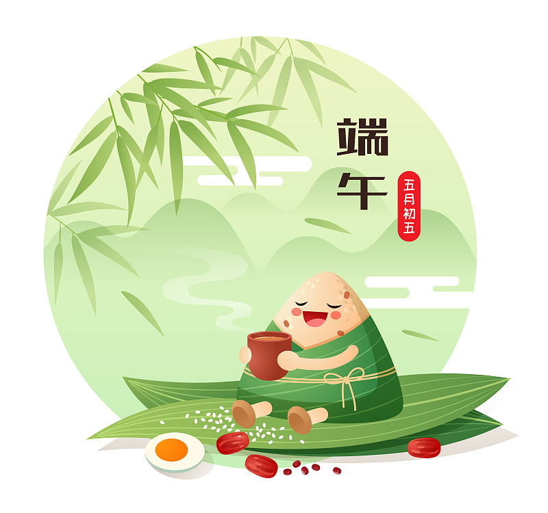 一个坐在粽叶上喝酒的粽子和竹叶背景图片素材