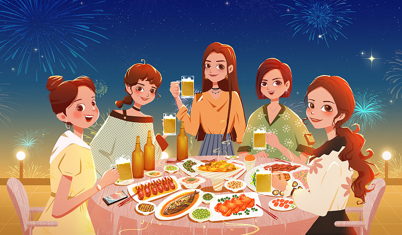 节日在一起享受时光的女孩们 聚餐创意插画下载