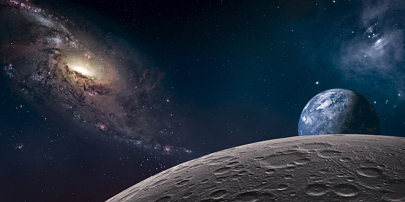 月球地貌和奇幻星云星球图片素材