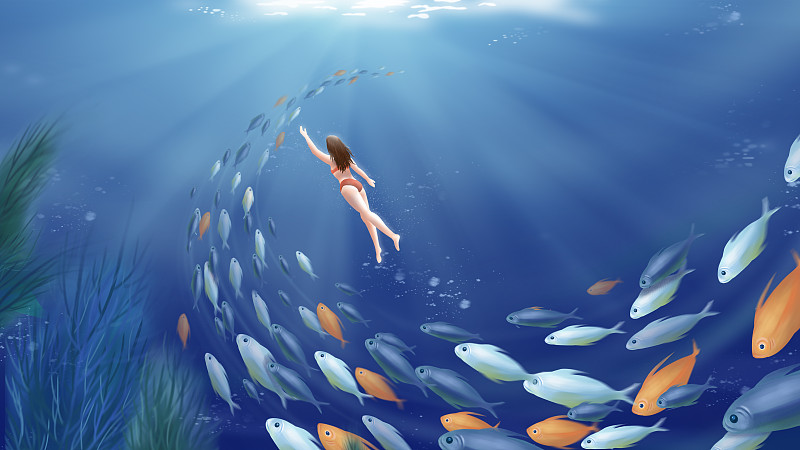 海底的女潜水员与鱼群插画下载