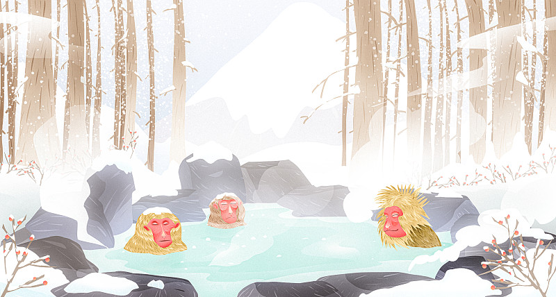 二十四节气冬至森林猴子泡温泉插画下载