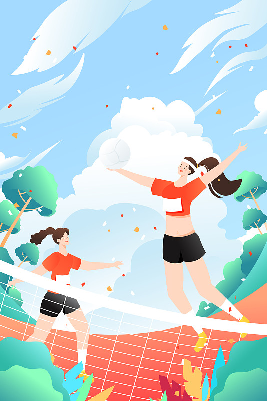 夏季女子排球比赛运动健身健康生活风景学生跑步运动会矢量插画图片