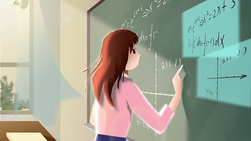 女老师在黑板前上课写粉笔字图片下载