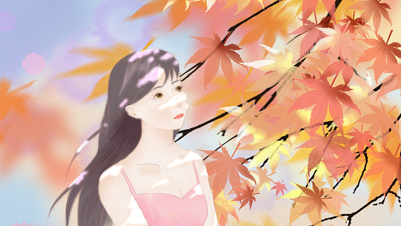 阳光洒在枫树下的少女插画下载